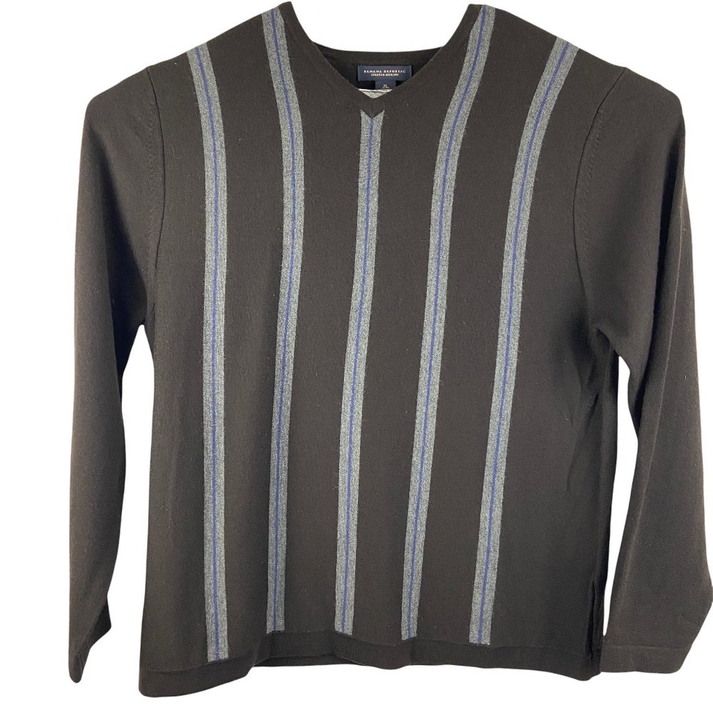 Banana Republic Stretch Merino Wool Men’s Striped Brown V Neck Sweater XL